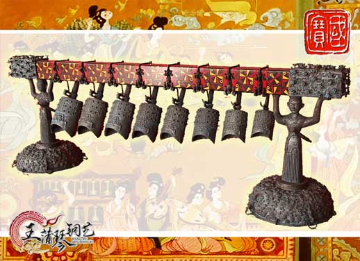 8件古編鐘，銅人銅座裝飾，可發(fā)音